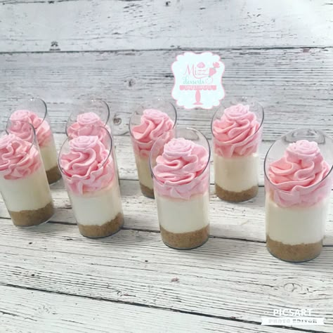 Cheesecake Dessert Shooters Pink Cup Desserts, Pink Shooters Desserts, Pink Dessert Cups, Pink Dessert Shooters, Pink Mini Cheesecakes, Mini Flan Cups, Pink Cheesecake Cups, Cheesecake Shooters No Bake Recipe, Pink Dessert Ideas