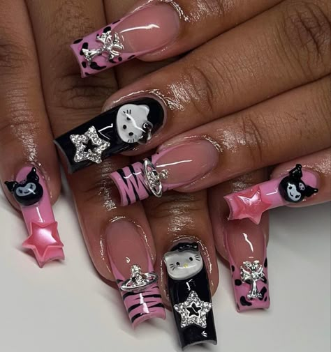 Hot Pink And Black Nails Acrylics, Nails Zebra Print, Nails Hello Kitty, Pink Black Nails, Zebra Print Nails, Quinceanera Nails, Y2k Hello Kitty, Nails Y2k, Kitty Nails