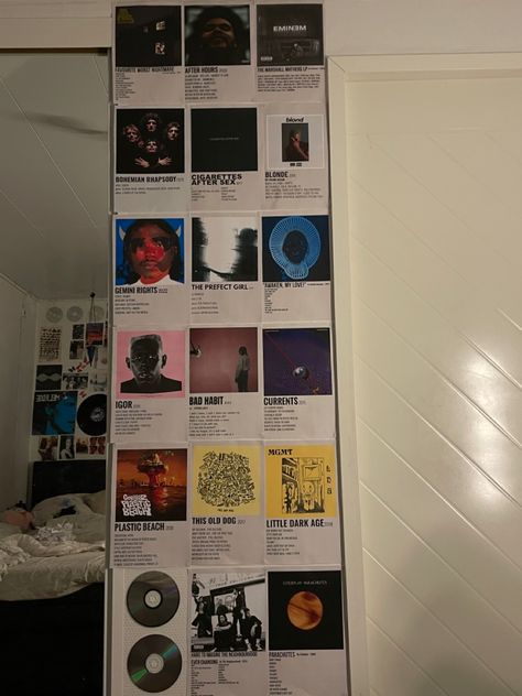 Rooms With Album Covers, Room Decor Bedroom Music Posters, Rappers Room Ideas, Room Inspo Music Posters, Poster Covered Walls Bedroom, Music Wall Ideas Bedroom, Room Ideas Eminem, Room With Album Covers On Wall, Album Wall Bedroom