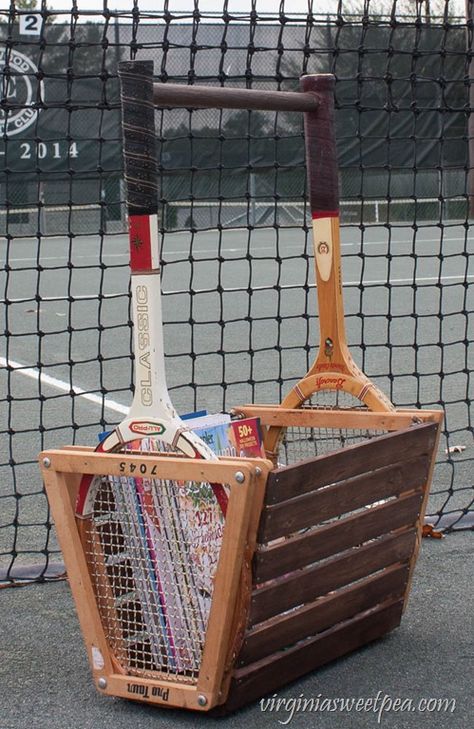 Vintage Tennis Racket Basket - Make a basket using two vintage tennis rackets. Get the step-by-step tutorial. virginiasweetpea.com Tennis Room, Tennis Decorations, Tennis Crafts, Vintage Tennis Racket, Tennis Ideas, Make A Basket, Tennis Decor, Tennis Art, Tennis Party