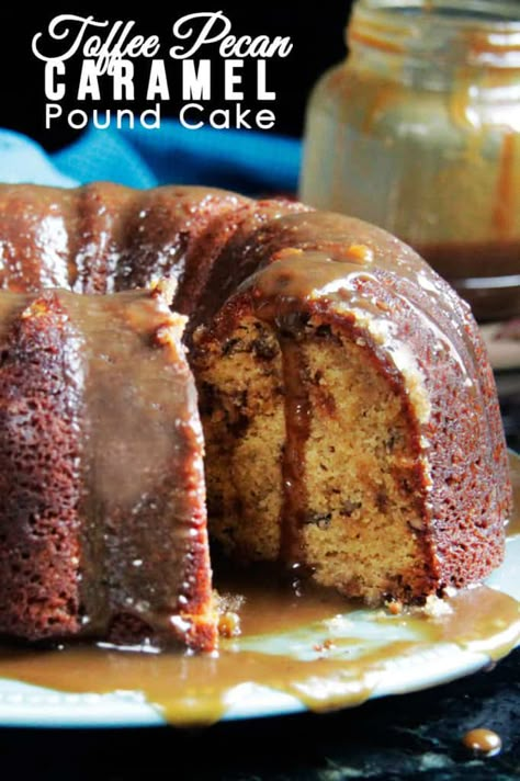 Caramel Brown Sugar Pound Cake - Carlsbad Cravings Caramel Pound Cake, Brown Sugar Pound Cake, Toffee Cake, Fresh Apple Cake, Carlsbad Cravings, Caramel Toffee, Creamy Caramel, Moist Cake, Toffee Bits