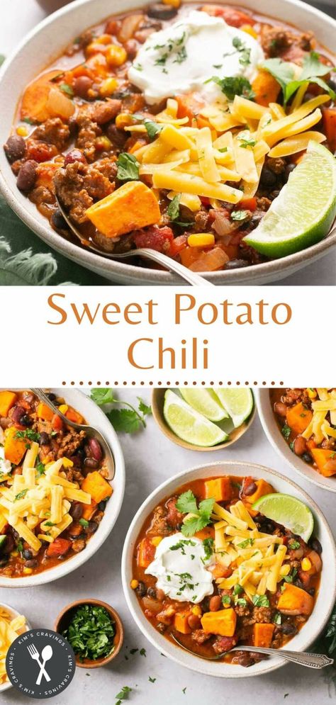 Sweet Potato Chili Crockpot, Beef Chili Crockpot, Sweet Potato Chili Recipe, Winning Chili Recipes, Potato Chili, Ground Beef Chili, Sweet Potato Soup Recipes, Easy Sweet Potato, Soup With Ground Beef