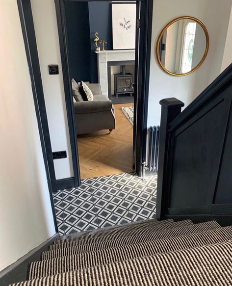 Hallway Dark Woodwork, Tiled Hallway Floor, Monochrome Hallway, Dark Woodwork, Hall Ways Ideas, Hallway Tiles, Painted Hallway, Landing Decor, 1950s Home