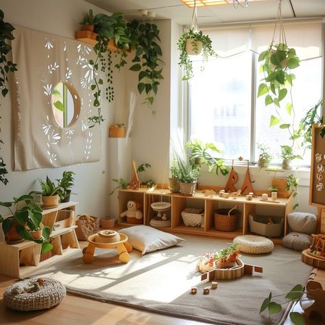 Daycare Center Kids Wooden Nursery Furniture Sets Monisorri Baby Rooms, Living Room Daycare, Reggio Emilia Nursery, Nature Inspired Playroom, Nursery Ideas Childcare, Toddler Room Set Up Childcare, Daycare Astethic, Minimalist Daycare, Montessori Daycare Setup