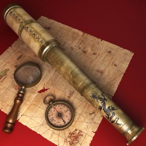 Pirates: #Tools of the #Trade: Telescope, Compass, Map, Magnifying-Glass ~ where's the Sextant? Pirate Map, Map Compass, Sea Captain, Black Sails, Pirate Life, Old Maps, Telescopes, Tall Ships, Pirate Ship