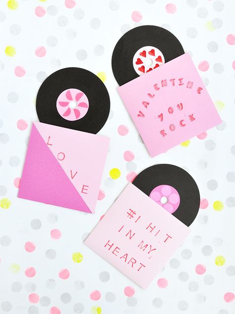 Painted Record Valentines | Handmade Charlotte Record Cards Ideas, Valentines Cards Handmade Kids Easy Diy, Valentine Card Ideas Handmade, Valentines Handmade, Cd Card, Easy Diy Paint, Old Cds, Handmade Charlotte, Card Inspo