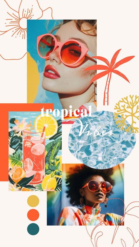 Colorful tropical vibes mood board mockup, editable design | premium image by rawpixel.com / Minty Beach Mood Board Aesthetic, Resort Mood Board, Creative Moodboard Design, Mood Boards Fashion, Beach Mood Board, Tropical Moodboard, Vintage Mood Board, Iphone Wallpaper Fashion, Mood Board Examples