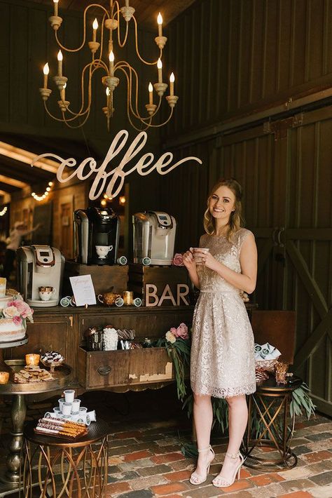 Coffee station styling ideas | Lauren Rae Photography Reception Coffee Bar, Backyard Wedding Bar, Coffee Reception, Coffee Bar Wedding, Bar Wedding Reception, Wedding Coffee, Backyard Wedding Ceremony, Rustic Wedding Decorations, Coffee Wedding