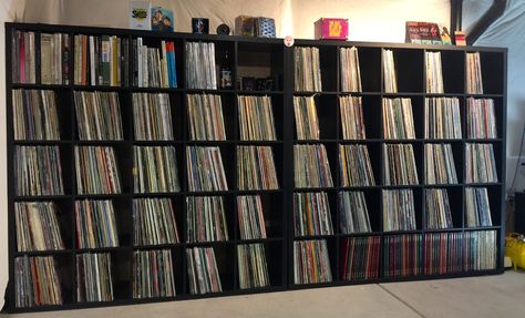 IKEA KALLAX 5x5 Shelf Vinyl Collection Ikea Vinyl Storage, Ikea Vinyl, Expedit Hack, Vinyl Record Room, Record Room, Ikea Expedit, Lp Storage, Basement Floor, Vinyl Record Collection