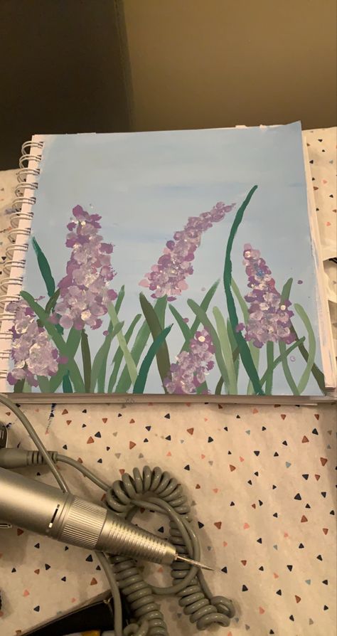 my painting of lavender using gouache paint Lavender Painting Acrylic Easy, Lavender Aesthetic Painting, Painting Ideas On Canvas Lavender, Lavender Flower Painting Easy, Lavender Plant Painting Acrylic, Lavender Uses, Milk & Mocha, Square Painting, Flower Painting Canvas