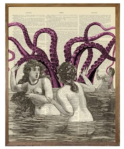 Lovecraft Decor, Kraken Aesthetic, Coastal Gothic, Purple Tentacles, Monster Bathroom, Vintage Mermaid Art, Pictures For Bathroom, Angry Octopus, Steampunk Wall Decor