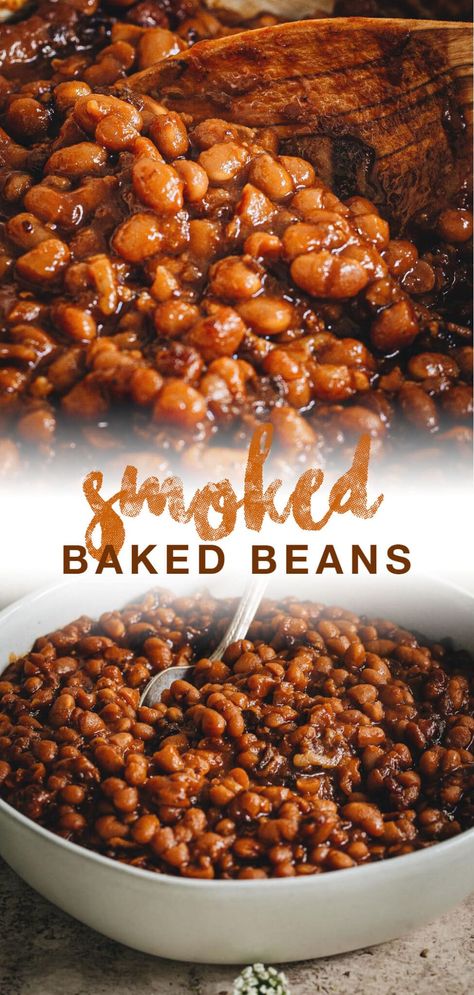 A delicious smokey flavor fills this huge pot of slow-cooked Smoked Baked Beans that are surrounded by a thick sweet and tangy bacon rich sauce. This classic recipe is perfect for pot-luck dinners and backyard barbecues. #EasyBakedBeans #SlowCookerBakedBeans #InstantPotBakedBeans Baked Beans On The Smoker, Smoked Beans In Smoker, Smoked Baked Beans In Smoker, Smoker Baked Beans, Pulled Pork Side Dishes, Smoked Beans, Smoked Baked Beans Recipe, Smoked Baked Beans, Pork Side Dishes