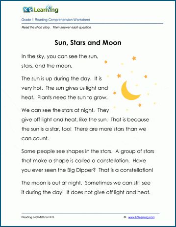 Children's non-fiction text and exercises: "Sun, Stars and Moon". 120 words. Our children's stories and reading comprehension worksheets provide reading practice for elementary school kids. Free from K5 Learning; no login required. Fiction Stories For Kids, Story For Grade 1, Poems For Boys, Moon For Kids, Phonics Reading Passages, Grade 1 Reading, English Stories For Kids, Reading Comprehension Lessons, Fiction Text