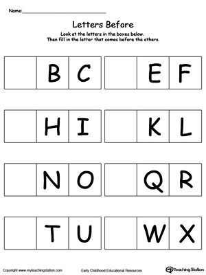 Complete The Letter Before: Teach the order of the alphabet letters with this printable activity worksheet. Abcd Alphabets Worksheet, Letter Order To Teach Alphabet, Before And After Alphabets Worksheet, Ato Z Alphabet Worksheet, Worksheet For Nursery Class, The Alphabet Letters, Abc Order Worksheet, Lkg Worksheets, Nursery Worksheets