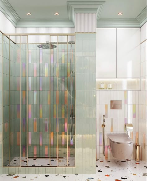 Irridescent Bathroom, Rainbow Tile Bathroom, Rainbow Tiles Bathroom, Irredescent Tile Bathroom, Iridescent Bathroom Tiles, Miami Bathroom, Irredescent Tile Pink, Pastel Bathroom, Baths Interior