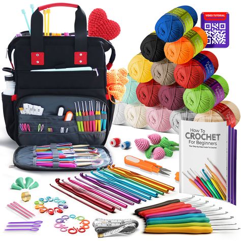 "Craft in style with our Backpack & Yarn Crochet Kit. Perfect for on-the-go or at-home crafting, this kit includes either cotton-blend or polyester yarn with easy stitch visibility and mistake-friendly unraveling, perfect for crocheting, knitting, crafts, amigurumi, and more. The extra large  organizer includes 3 yarn holes on top to prevent tangling, a built-in USB charging port, and 32 pockets. Bonus! Guide Book learn how to Crochet  Step-by-Step. Crochet Kit Includes: - Crochet bag - 15 yarn skeins ( choice of cotton or polyester yarn) - 21 crochet hooks - 20 stitch holders, 6 needles,  4 point protectors - Stitch counter & row counter - Scissors, Tape measure, Thimble - Step-by-step guide - BONUS: Easy to follow video tutorial Crochet Backpack Features: - 3 yarn holes on the side - 32 Crochet Start, Stitch Counter, Yarn Organization, Accessories Crochet, Crochet Backpack, Yarn Skein, Beginner Crochet, Easy Stitch, Crochet Set