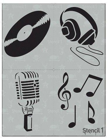 4 Pack Music Stencil Set Vinyl record, headphones, a vintage mic, treble clef and musical notes. Show your rockstar style by stenciling t-shirts, notebooks, walls, furniture and more Music Stencil, Diy Stencils, Sheet Music Art, Music Tattoo Designs, Music Drawings, Music Illustration, Music Artwork, Tattoo Outline, Stencil Diy