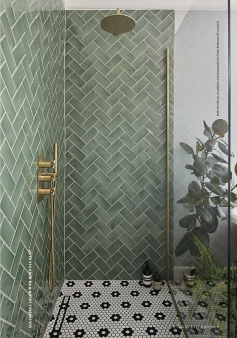 Sea Green Tiles For Bathroom, Green Ceramic Tile Bathroom, Green And White Tiles Bathroom, Sage Green Herringbone Tile Bathroom, Green Wall Tiles Bathroom, Green Shower Tile Bathroom, Colourful Bathroom Tiles, Light Green Tile Bathroom, Jade Green Bathroom