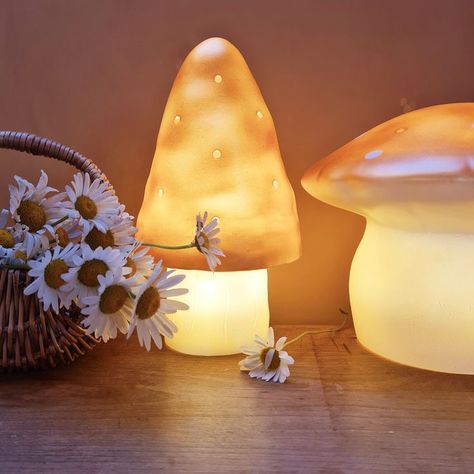 This night light Medium Mushroom Gold opens a world of soft dreams. It will help the little ones to fall a sleep and alight or not, it is a nice decorative object. When illuminated, it will spread a soft and veiled light. Traditonally made and handpainted in Germany. #nightlights #lights #heico #mushroom #lampechamignon #madeingermany #egmonttoys #vintage #decoration #gold Small Mushroom, Egmont Toys, Baby Room Themes, Nursery Night Light, Whimsical Home, Dream Land, Kids Night, Nursery Inspo, Night Light Kids