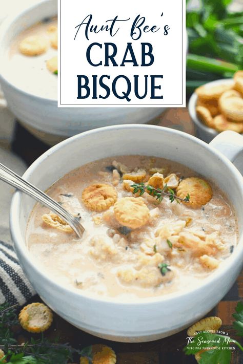 Cozy up with a bowl of Aunt Bee's Crab Bisque -- a rich, creamy, and flavorful soup that's perfect for an easy lunch or a special holiday dinner. Serve the homemade shrimp and crab bisque with a loaf of crusty bread, some oyster crackers, or a simple green salad for a restaurant-quality meal in the comfort of your own kitchen! Shrimp And Crab Bisque, Crab Bisque Soup, Crab Bisque Recipe, Bisque Soup, Flavorful Shrimp, Crab Bisque, Seafood Bisque, Creamy Crab, Bisque Recipe