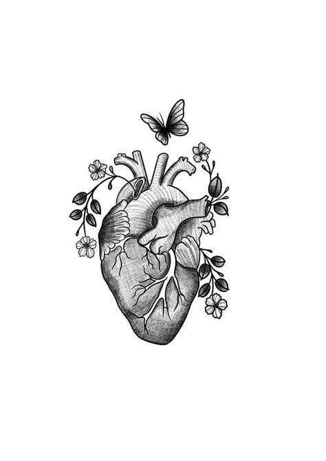 Anatomical Heart Tattoo With Butterfly, Human Anatomy Tattoo, Heart And Mind Tattoo, Anatomic Heart Tattoo, Healing Heart Tattoo, Anatomical Heart Tattoo With Flowers, Heart On Sleeve Tattoo, Heart With Flowers Tattoo, Human Heart Tattoo