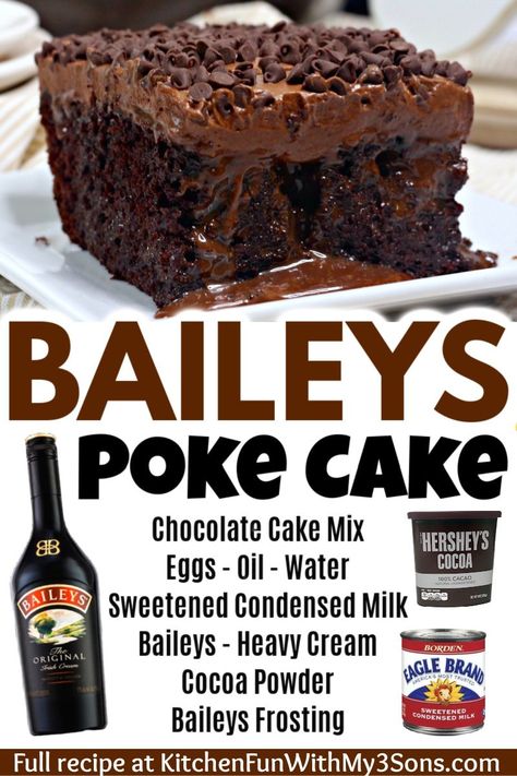 Irish Cream Poke Cake, Baileys Poke Cake, Baileys Dessert, Cream Poke Cake, Baileys Cake, Chocolate Baileys, Baileys Recipes, Chocolate Poke Cake, Boozy Desserts