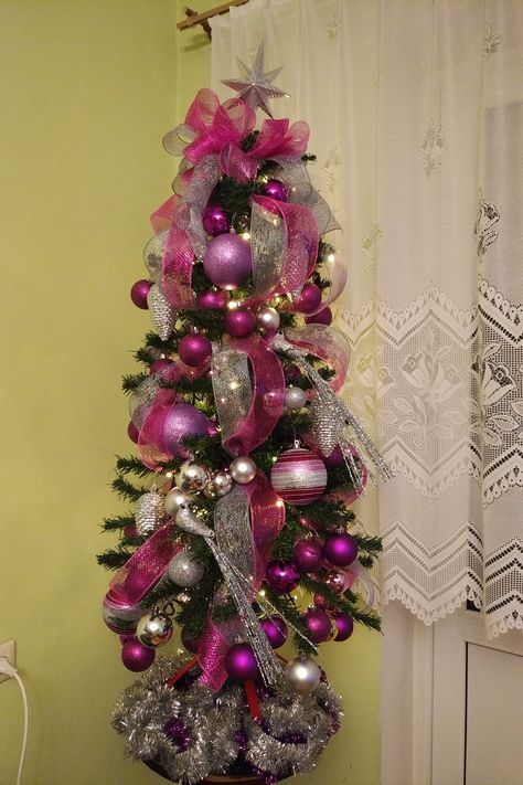 Small silver and Fuschia Christmas tree Tinsel Tree, Ornament Wreath, Christmas Trees, Trees, Christmas Tree, Holiday Decor, Christmas, Silver, Home Decor