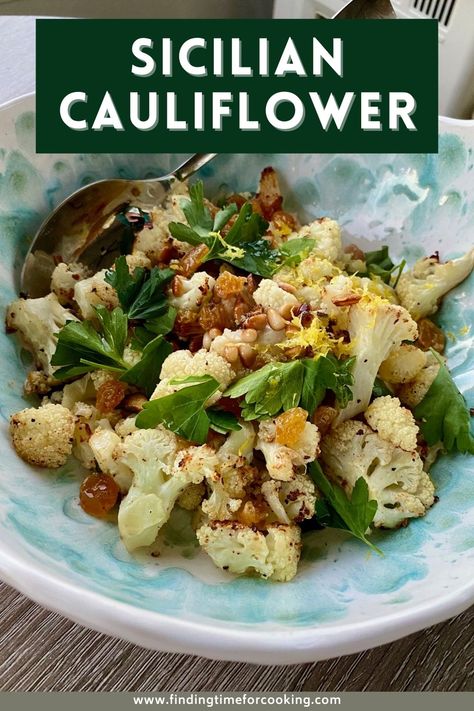 Easy & Delicious Roasted Sicilian Cauliflower | This healthy, easy side dish recipe is packed full of flavors, with savory, sweet, acidic, and more (plus lots of textures). It seems fancy but also is perfect on a random weeknight, as it only takes about 20 minutes! A fairly hearty vegetarian meal as well. #sidedish #cauliflower #roastedveggies #easysidedish #vegetarian Sicilian Cauliflower, Aip Paleo Recipes, Cauliflower Dishes, Dish Warmer, Side Dish Recipes Easy, Easy Side Dish, Vegetarian Meal, Healthy Easy, Cauliflower Recipes