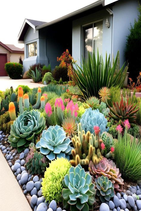 Front yard with a variety of vibrant succulents arranged near a modern home. Succulent Garden Outdoor, Succulent Garden Landscape, Succulent Landscape Design, Front Garden Landscape, Small Front Yard Landscaping, Succulent Garden Design, Succulent Landscaping, Rock Garden Design, Front Yard Garden Design