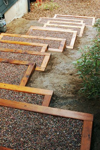 Cedar-framed stairs with decorative gravel fill. We need on our back slope next to the waterfall that isn't there yet:) Landscape Stairs, Gravel Landscaping, Sloped Backyard, Garden Stairs, Outdoor Steps, Hillside Landscaping, Landscaping Images, Sloped Garden, Garden Steps