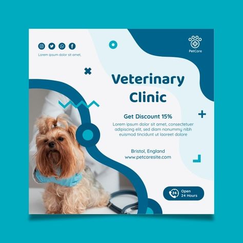 Veterinary square flyer template | Free Vector #Freepik #freevector #flyer #template #animal #doctor Product Post Design, Pet Branding, Pet Brand, Product Post, Animal Clinic, Animal Doctor, Vet Clinics, Pet Clinic, Clinic Design