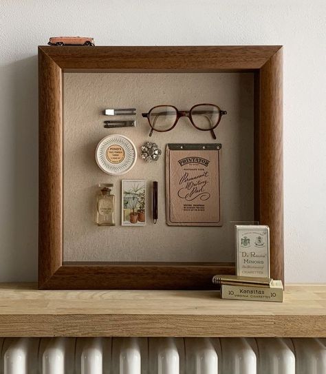 Memrobilia Display Ideas, Gallery Wall With Shadow Boxes, Displaying Small Collectables, Pin Shadow Box Display, Framed Objects Wall Art, Bathroom Shadow Box Ideas, Shadow Frames Ideas, Sentimental Gallery Wall, Memory Box Frame Ideas