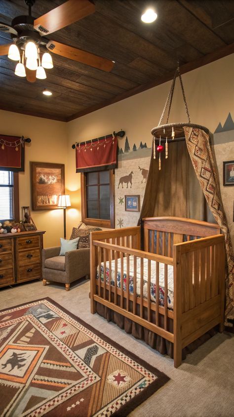 vintage inspired nursery Retro Western Nursery, Cowboy Theme Nursery, Country Nursery Ideas, Western Kids Room, Western Nursery Ideas, Vintage Cowboy Nursery, Western Nursery Decor, Vintage Inspired Nursery, Native Decor