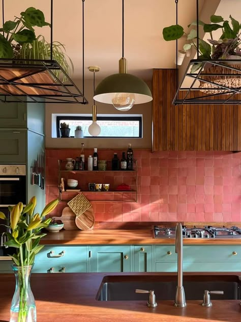 Peach And Black Kitchen, Pink Tiled Kitchen, White Kitchen Colored Backsplash, Coral And Green Kitchen, Kitchen Backsplash Color, Tiled Cabinet, Colorful Backsplash Kitchen, Bold Kitchen Backsplash, Pink Backsplash Kitchen