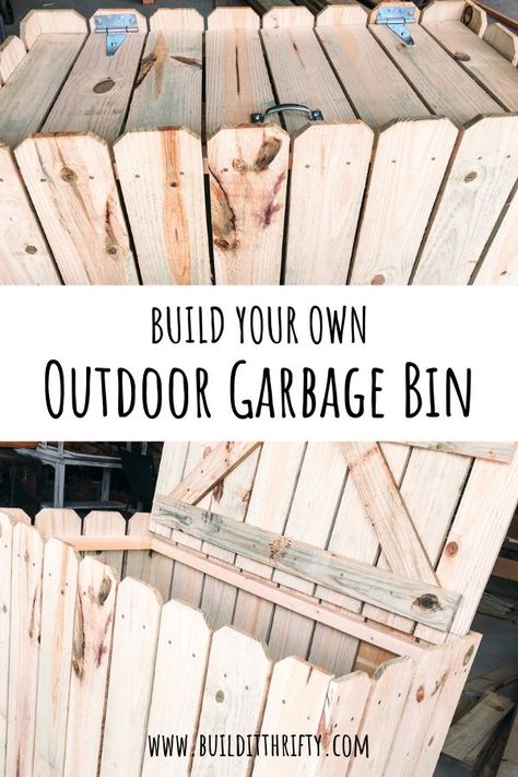 Diy Outdoor Garbage Bin, Outside Garbage Storage, Garbage Can Storage Outdoor Trash Bins, Outdoor Diy Storage, Trash Bin Storage Outdoor Plans, Wooden Trash Bins Outdoor, Outdoor Recycling Bin Storage, Pallet Trash Bin Outdoor, Outside Garbage Can Storage Diy