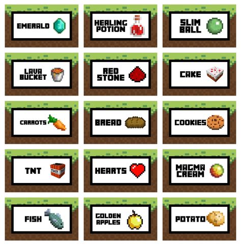 Minecraft Materials List, Minecraft Party Foods, Minecraft Food Printables Free, Minecraft Food Labels Free, Minecraft Food Ideas, Minecraft Snacks, Minecraft Food Printables, Minecraft Food Tent Cards, Minecraft Pizza