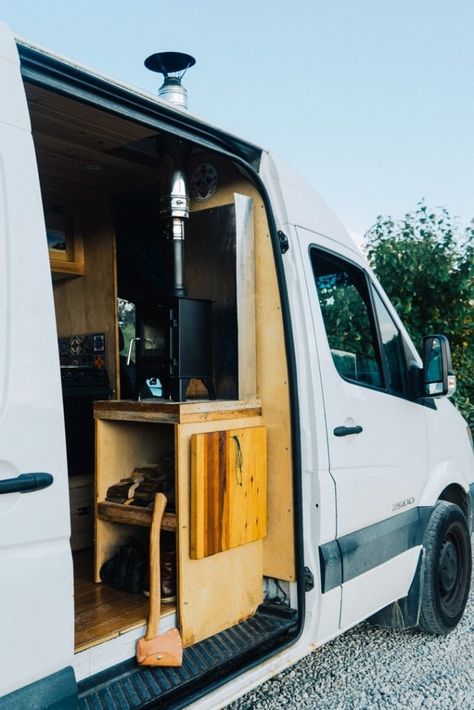 Camper Van With Wood Stove, Wood Stove Camper Van, Camper Van Wood Stove, Van Life Wood Stove, Campervan Log Burner, Van Wood Stove, Van Fireplace, Crafter Conversion, Tiny Wood Stove