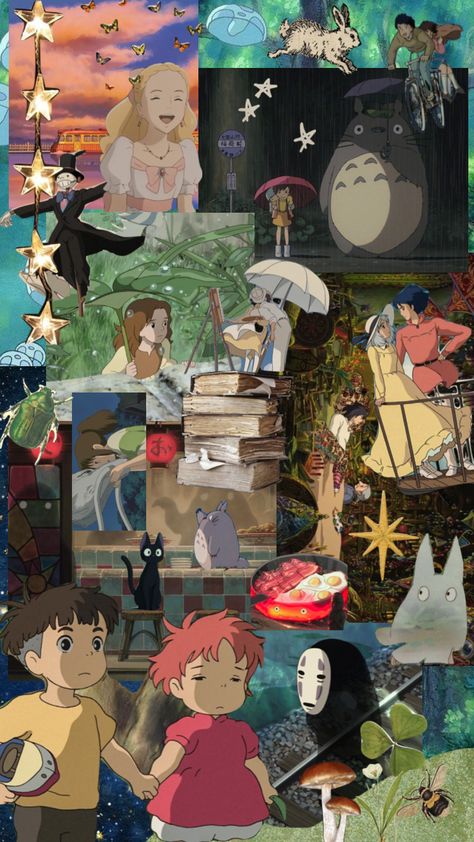 Studio Gibhili Wallpaper Aesthetic, Ghibli Aesthetic Collage, Studio Ghibli Wallpaper Iphone Aesthetic, Studio Ghibli Moodboard, Studio Ghibli Collage Wallpaper, Gibli Studio Aesthetic, Studio Ghibli Collage, Studio Gibhili, Studio Ghibli Wallpaper Iphone