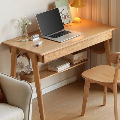 Introducing our minimalist yet versatile study desk, perfect for both study and vanity use. Crafted from solid oak wood with a natural, sleek finish, it offers stability, durability, and beauty. Unique A-shaped legs and a spacious desktop ensure both comfort and functionality. With smart storage solutions and ergonomic design, this desk is a must have for any home. Corrigan Studio® Size: 29.53" H x 55.12" W x 22.05" D | Corrigan Studio® Rectangular Solid Wood Desk,2-drawer 29.53 H x 55.12 W x 22 Oak Wood Desk, Japanese Desk, Drawer Wood, Zen Room, Desk Wood, Office Space Design, Simple Desk, Solid Wood Desk, Bedroom Desk