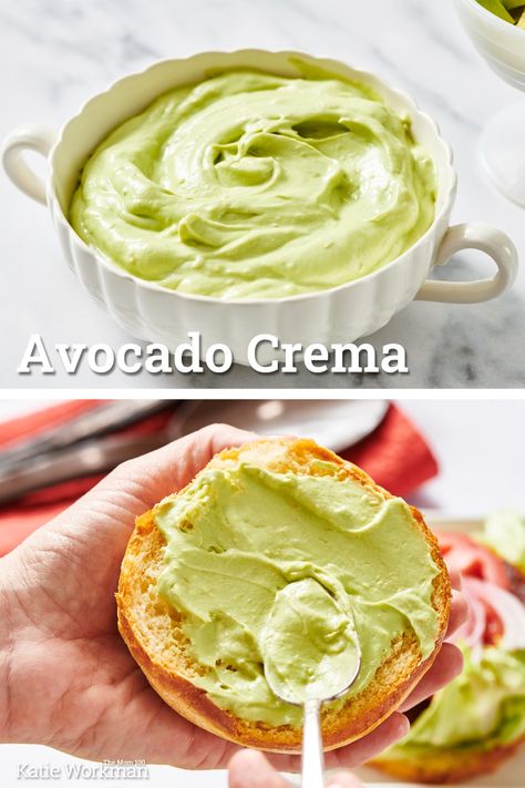 Avocado Crema / This three-ingredient creamy avocado dip or spread recipe takes 10 minutes to make and is the perfect addition to all kinds of Mexican dishes (and more!). Mashed Avocado Recipes, Avocado Crema Recipe, Creamy Avocado Dip, Crema Recipe, Avocado Spread, Avocado Crema, Avocado Dip, Avocado Cream, Creamy Dip