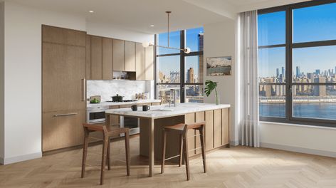 Brooklyn Condos for Sale: Front & York at 85 Jay Street in Dumbo | Brownstoner Gaggenau Appliances, Dumbo Brooklyn, River View, Industrial Architecture, White Oak Floors, Space Frame, New Condo, Tasting Table, Marble Slab