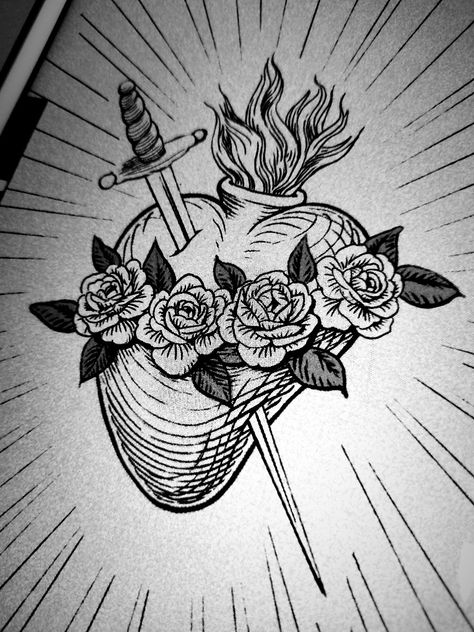 Sacred Heart Etching, Sacred Heart Tattoo, Sacred Heart Tattoos, Back Tattoos For Guys, The Flesh, Back Tattoos, In The Flesh, Heart Tattoo, Sacred Heart