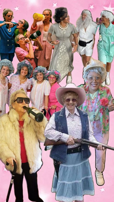 Bachelorette Old Lady Theme, Old Lady Themed Bachelorette Party, Old People Theme Party Ideas, Old Lady Party Theme, Granny Party Theme, Old People Costume, Granny Costume, 100th Day Ideas, Grandma Costume