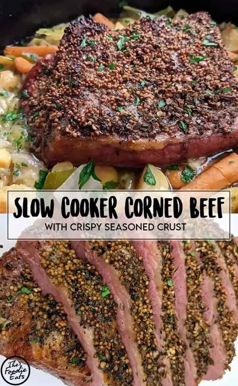 Tender, flavorful, and incredibly easy slow cooker corned beef and cabbage. Let the slow cooker do all of the work, then broil to create a crispy, well-seasoned crust. Add carrots and potatoes for a complete meal, or enjoy simply as delicious corned beef and cabbage. #slowcookercornedbeef #cornedbeefandcabbage #stpatricksday Crockpot Corn Beef Brisket, Best Corned Beef Recipes Slow Cooker, How To Season Corned Beef, Corned Beef Crockpot Recipes, Corn Beef Brisket Recipes Crockpot, Guiness Corned Beef Recipes Slow Cooker, Seasoning For Corned Beef, Corned Beef Recipes Slow Cooker Reuben, Slow Cooker Corned Beef Brisket