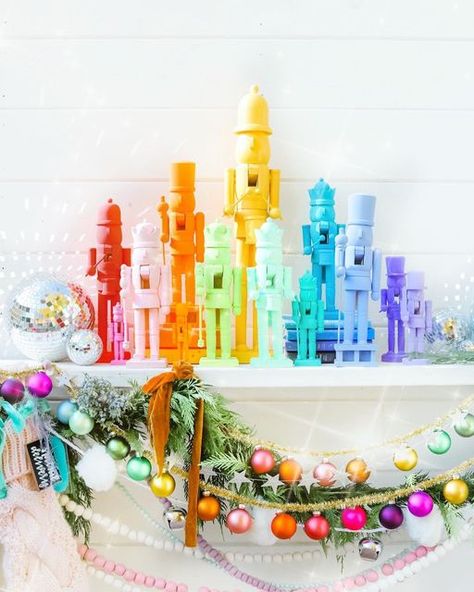 Rainbow Christmas Mantle, Modern Colorful Christmas Tree, Colorful Christmas Palette, Colorful Holiday Decor, Diy Colorful Christmas Decor, Diy Whimsical Christmas Decor, Rainbow Nutcracker, Diy Anthropologie Christmas, Colorful Christmas Aesthetic