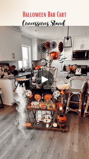 7.7K views · 1.6K reactions | HE’S BACK! 💀🕸️🎃  Early Halloween bar cart concessions stand idea, because my animated light up skeleton is finally re stocked and he sells out sooooo fast!   Plus all my other cute halloween decor pieces are in stock and on sale, including the pumpkin drink dispenser, and my bar cart!   You can save this idea for a spooky family movie night idea or for a halloween party when the time comes!   Everything here is linked in my LTK shop (link in profile).  Comment SHOP below to receive a DM with the link to shop this post on my LTK! 🎃  https://liketk.it/4Le7z | Cherish Larsen - Seasonal/Holiday Favorites! | Rockwell · Somebody's Watching Me Cherish Larsen, Halloween Bar Cart, Pumpkin Drink, Early Halloween, Cute Halloween Decor, Somebody's Watching Me, Pumpkin Drinks, My Bar, Halloween Bar