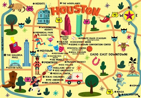 Whimsical map of Houston for The Houston Press at the time of the Super Bowl. Houston Aesthetic, Whimsical Map, Houston Map, Map Sketch, Texas Baby, Toyota Center, Green Illustration, Texas Vacations, Theater District