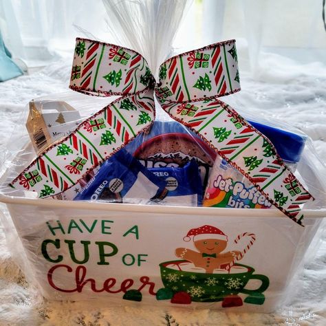 Cheer Gift Basket, Have A Cup Of Cheer, Marshmallow Bits, Cup Of Cheer, Swiss Miss, Peppermint Sticks, Plastic Basket, Gift Coworker, Gift For A Teacher