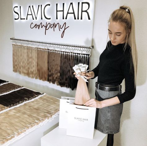 Hair Extension Display, Extension Display, Slavic Hair, Home Hair Salons, Hair Salon Business, Hair Salon Interior, Wig Shop, Salon Suites Decor, Hair Company