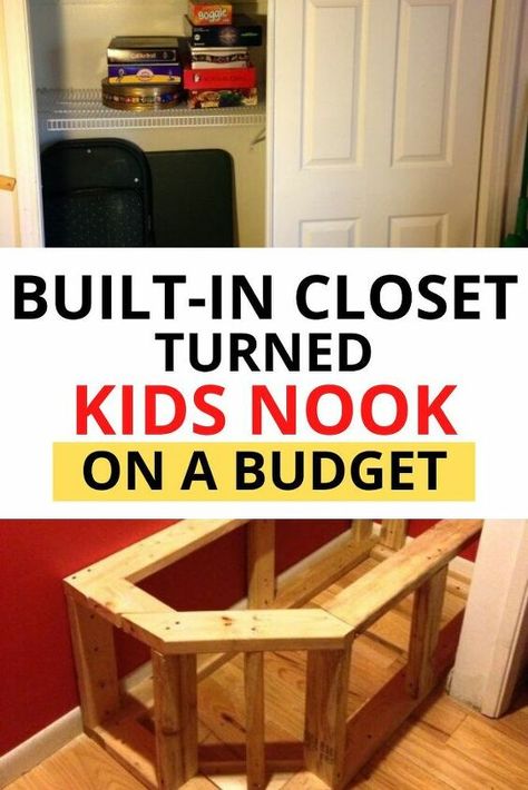 Does your kids have a small room? Check out this work and reading nook idea in the closet! This space can be used as a play area or to do homework. This bench has extra storage space as well. #diy #kids #nook #closet Home Work Station, Pretty Shelves, Book Nook Closet, Diy Closet Makeover, Ikea Storage Cubes, Closet Nook, Reading Nook Closet, Kids Nook, Cheap Closet